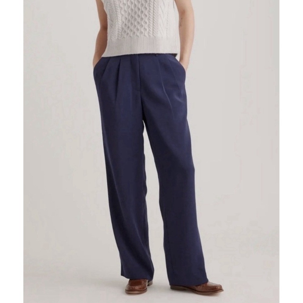 Quince NWT Stretch Crepe Pleated Wide Leg Pants Size 2 Navy‎ Blue Office Career